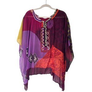 Etro Milano Womens Silk PonchoTunic Colorful Patchwork Design Beaded ML